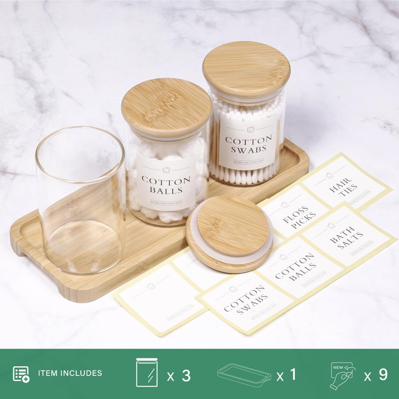 INIUNIK Qtip Holder with Vanity Tray - 3 Pack Glass Apothecary Jars with Lids  Cotton Ball Swab Pad Floss Pick Holder  Bathroom Organizers Jars Containers Canisters Accessories Set - Image 2